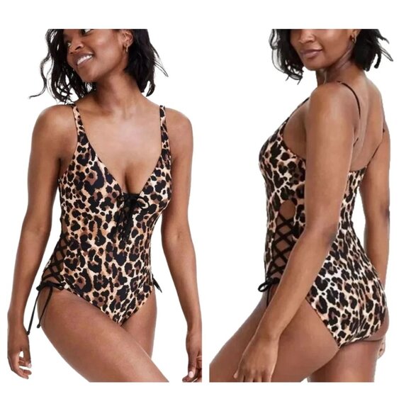 New NWT Bar III Women Lace-Up Cheetah Print One Piece Swimsuit Natural Size MD - Picture 1 of 10